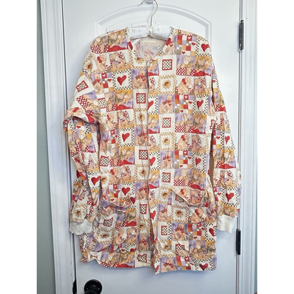 Cotton Scrubs Cat Teddy Heart Patchwork Print Scrub Jacket Estimated Size Large - Picture 12 of 15